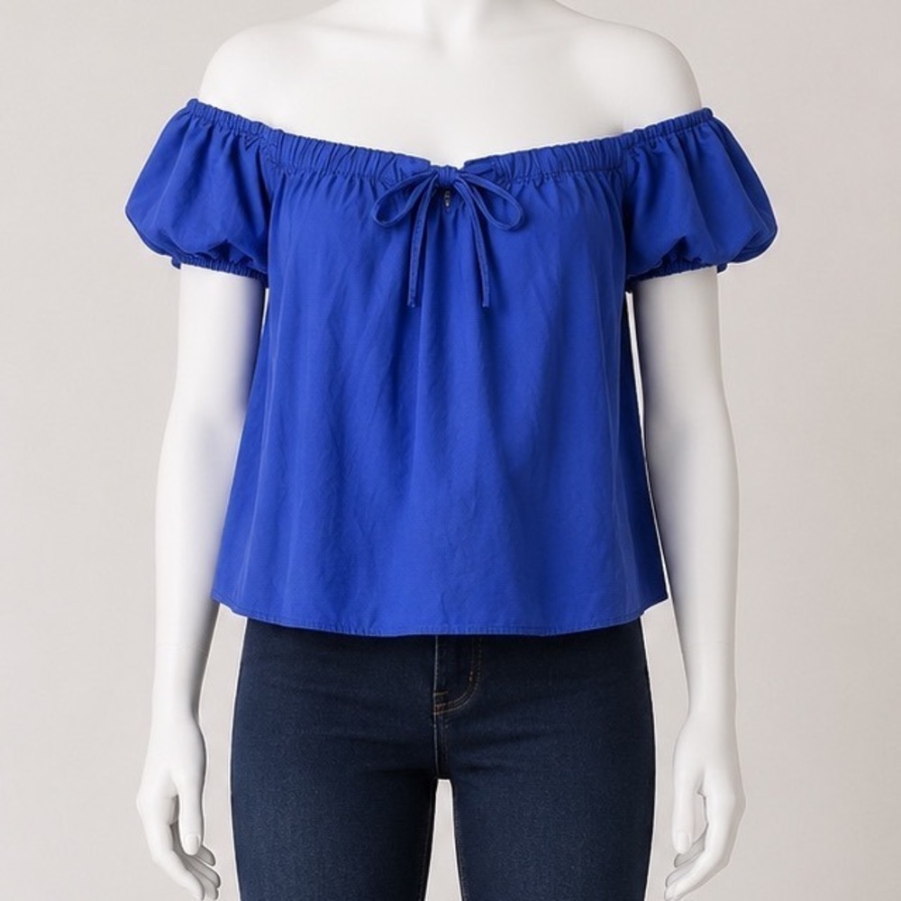 Who What Wear Womens XL Blue Off The Shoulder Puff Sleeve Cotton Blouse NWT